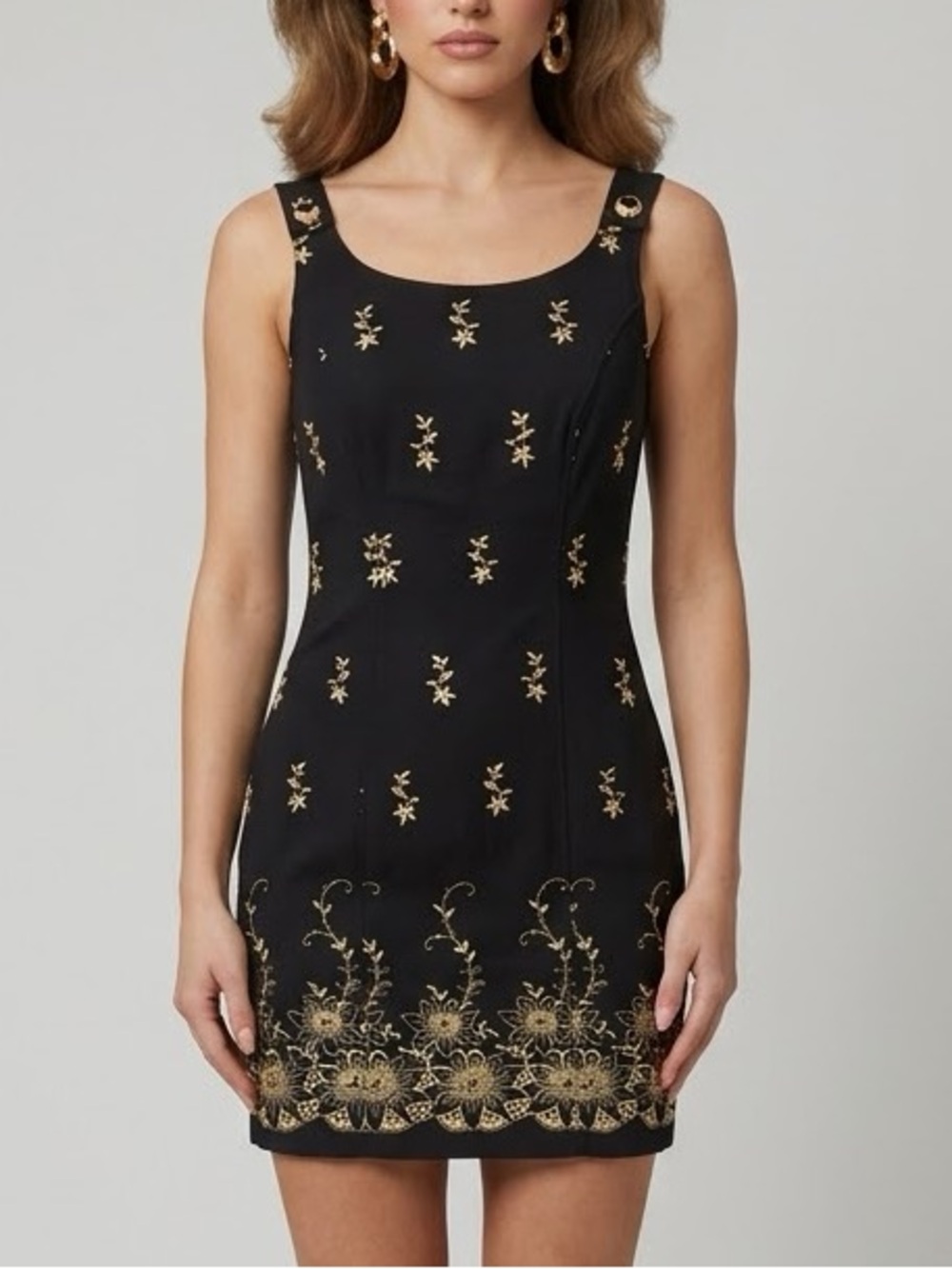 CACHE Vintage 90s Black Gold Embroidered Bodycon Mini Dress Made in USA S